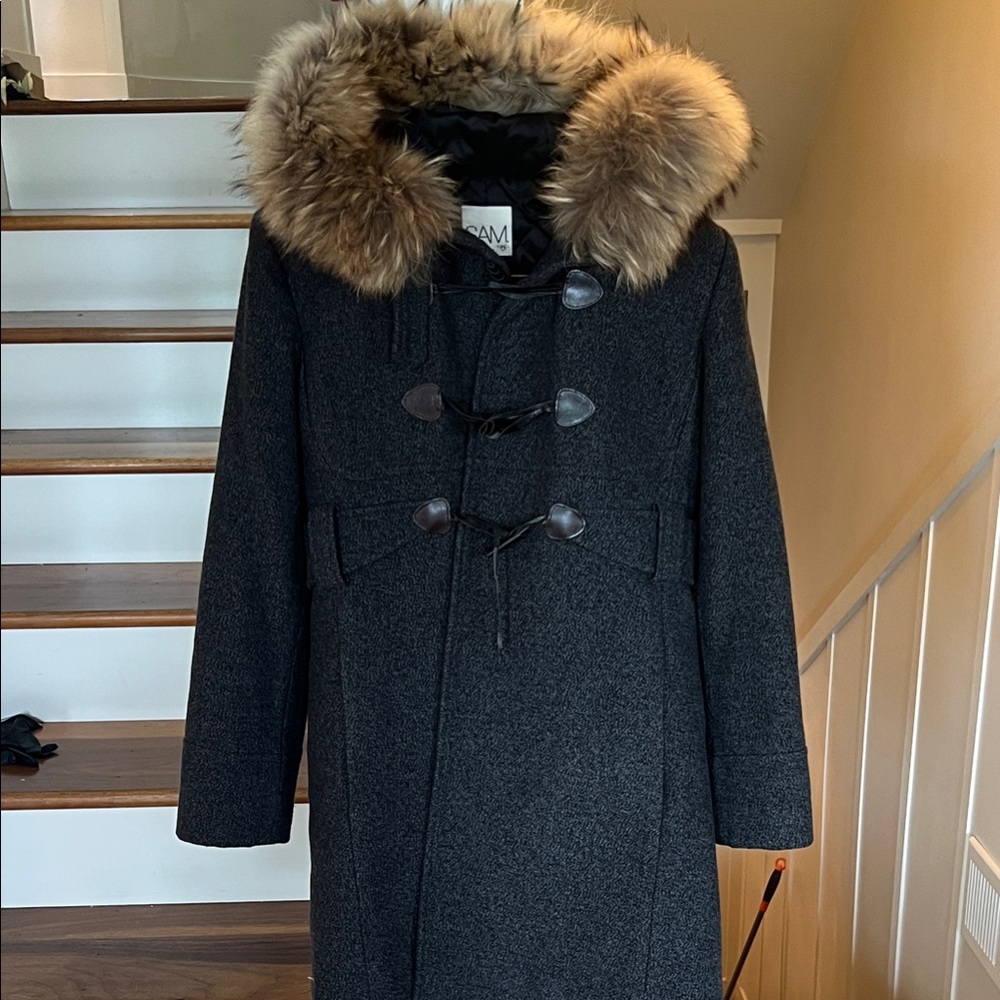 SAM. Gray Pea Coat with Fur Trim size S